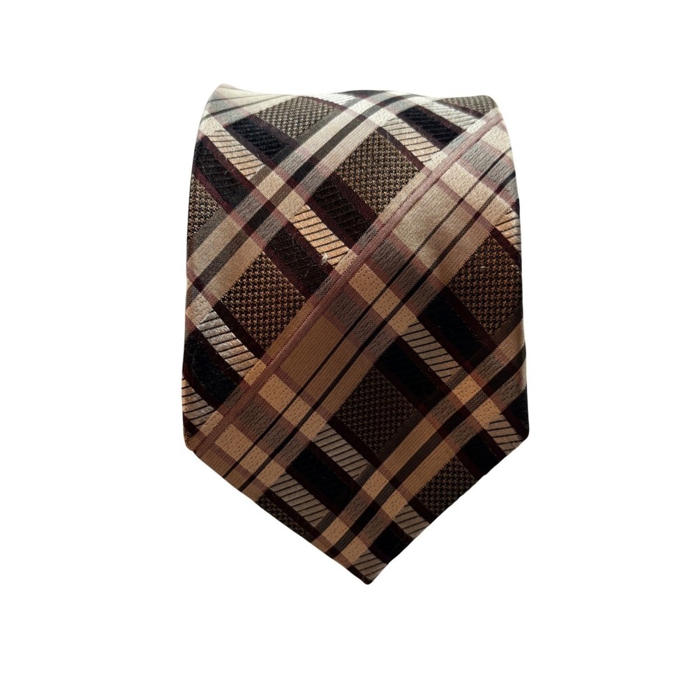 Burma Bibas Plaid Silk Necktie Mens Brown Tan Classic Woven Business Dress Tie
